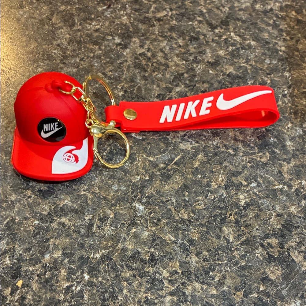 Nike Keychain with Red & White baseball cap charm + Strap Gold keychains x2